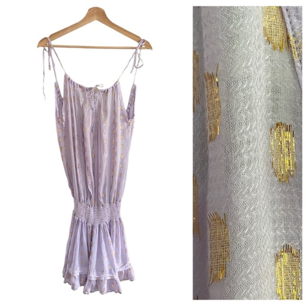 Sunday St. Tropez Lavender Purple Gold Metallic Lilas Smocked Waist Dress Small